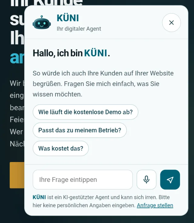 KÜNI im Chatfenster einer Website